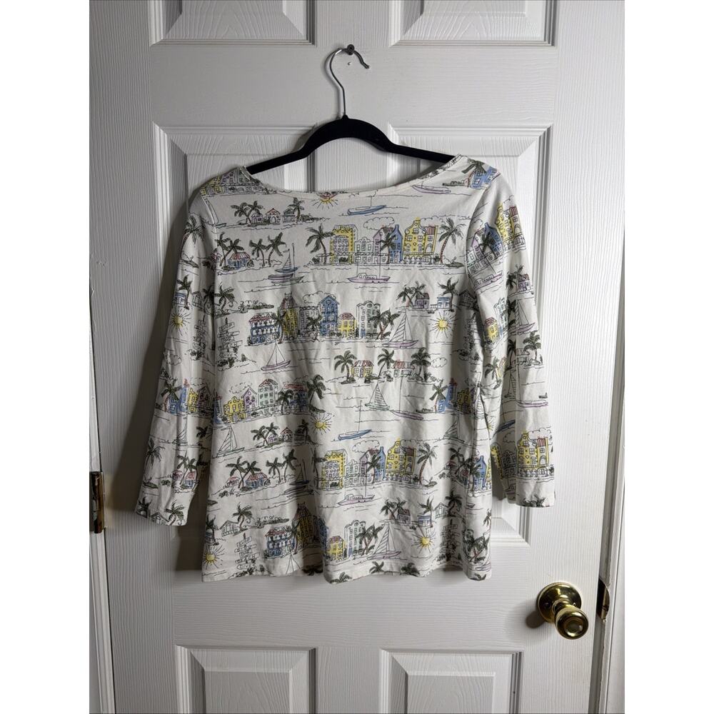 Talbots Med Scenic Print Boat Neck 3/4 Sleeve Tee Top